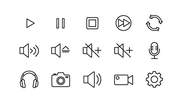 Minimalist media player controls represented as black outlines silhouette
