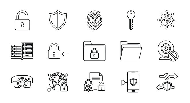 Security and privacy icons locks shields and data protection silhouette