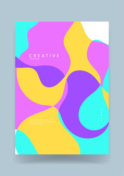 A dynamic creative poster featuring flowing organic liquid shapes in high-contrast purple yellow and turquoise colors