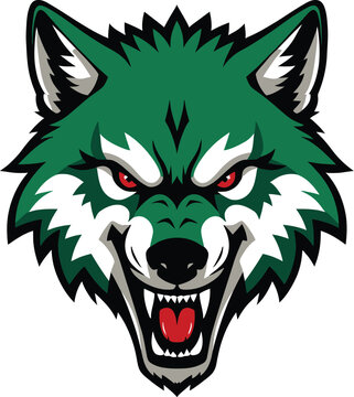 Fierce green wolf mascot head snarling aggressively with bared teeth and intense red eyes representing a strong competitive sports team identity for branding.