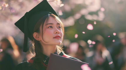 桜舞う春の日に卒業証書を手にする女子学生のポートレート