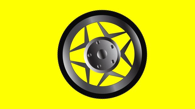Spinning motorcycle wheel animation, close-up rotating tire on yellow background, 4K resolution.