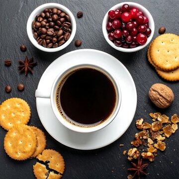 Overhead shot of a coffee cup with accouterments on a slate background