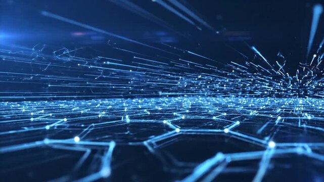 Abstract blue light particles flow across a digital hexagonal grid background