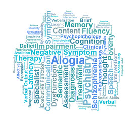 Obraz premium Alogia Word Cloud. Key Terms in Psychiatric Speech Deficits and Cognitive Impairment