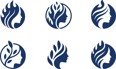 Fototapeta premium Collection of Six Circular Featuring Female Profiles with Nature and Fire Motifs