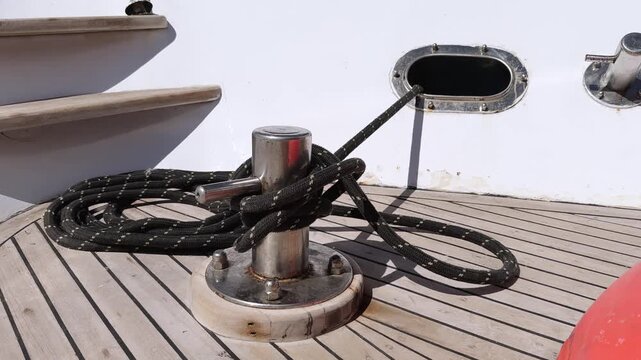Close up of mooring line secured on stainless steel bollard on yacht wooden deck during docking at the sea
