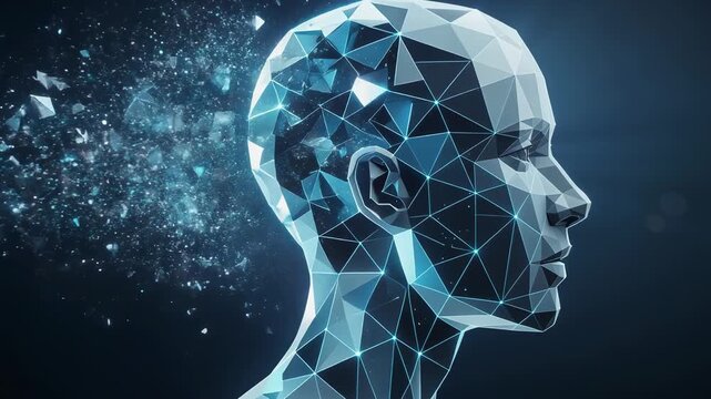 Futuristic digital human head with glowing blue network connections and fragmented particles concept