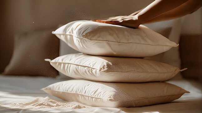 Pillows Being Fluffed and Arranged on Bed.