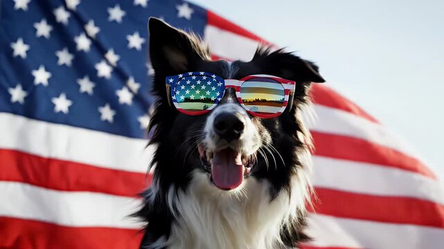 Patriotic Border Collie with American Flag Sunglasses - A border collie dog smiles happily while wearing American flag themed sunglasses.