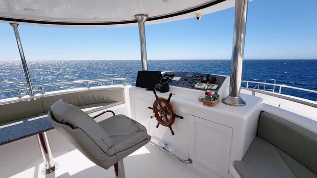 Empty yacht upper deck bridge interior with steering wheel and control panel with captain seat facing to the sea