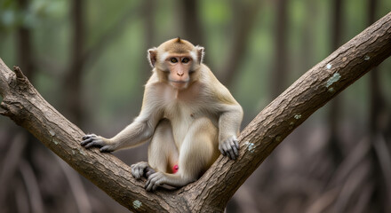 Obraz premium Young monkey sitting calmly on a thick tree branch in a lush forest, looking directly at the camera with curious eyes.