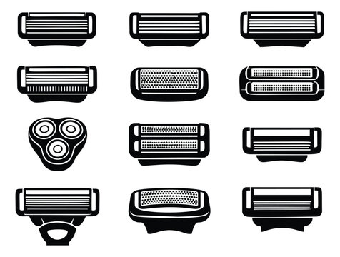 Line art shaver heads set featuring various razor and electric shaver heads for personal grooming and hygiene