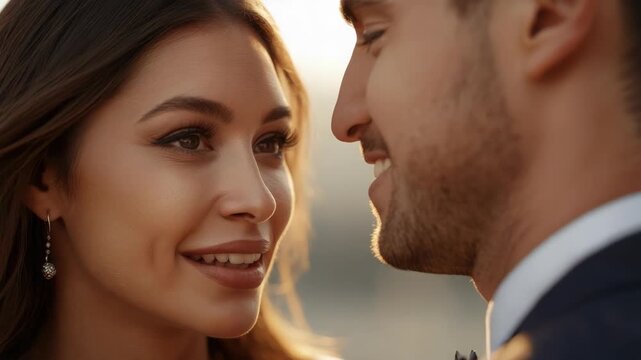 Romantic couple closeup smiling woman and man close together in warm light romantic intimate moment
