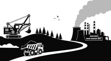 Mining industry landscape, excavator and dump truck operation, industrial factory pollution, heavy equipment extraction, environmental impact concept, industrial production infrastructure © Hello World