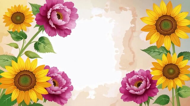 Vibrant border of sunflowers and pink roses.