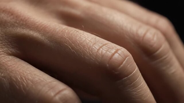 Close-up of human hand skin, showcasing intricate texture, visible knuckles, and subtle creases. Soft lighting emphasizes the unique dermal patterns and natural anatomical complexity