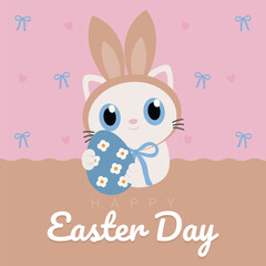 Happy Easter Day with Adorable Cat in Bunny Costume Holding an Egg