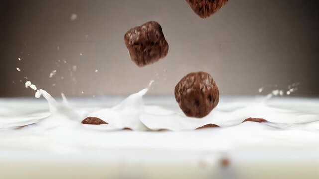 Cereal pieces falling into a bowl of milk creating a breakfast splash scene in a close-up view