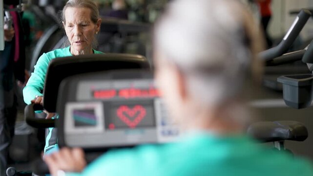 Elderly woman uses an elliptical machine at the gym focusing on her workout during a morning exercise session.