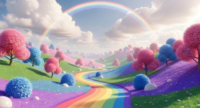 3D render of a surreal rainbow path through pink flower trees. Fantasy world concept for gaming. Winding colorful road in a dreamy meadow with soft lighting and clouds.