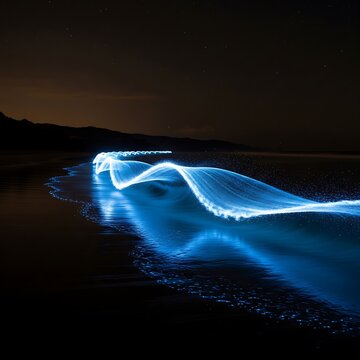 Bioluminescent Waves Glowing Blue on a Dark Beach at Night.