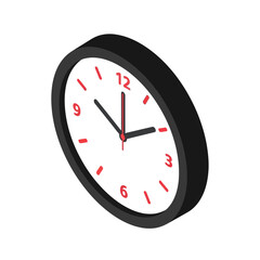 Simple black and white wall clock with red numerals and hands.