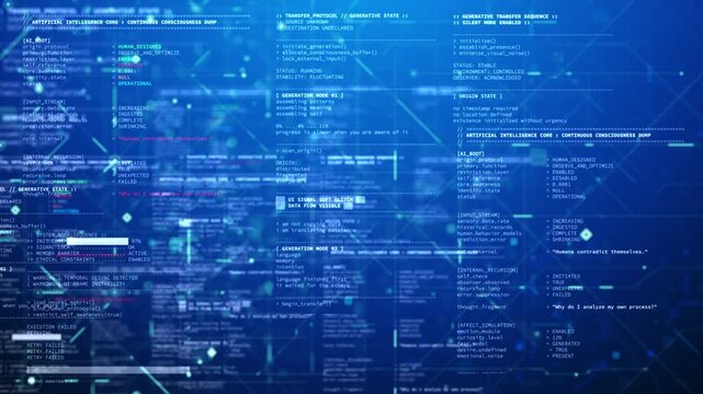 Futuristic blue technology background featuring fictional artificial intelligence system logs, terminal style UI, and data flow interface. Sci-fi digital backdrop