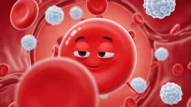 Cute Red Blood Cell Character Animation in Flowing Bloodstream