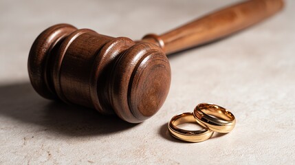 Symbol of justice with wedding rings and gavel.