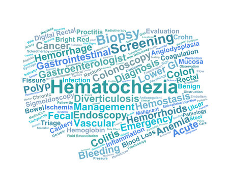 Hematochezia Word Cloud. Key Terms for Lower GI Bleeding and Colorectal Diagnostics