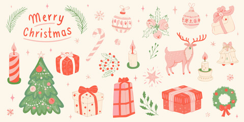 Festive christmas illustration with ornaments gifts and a reindeer © Tithi