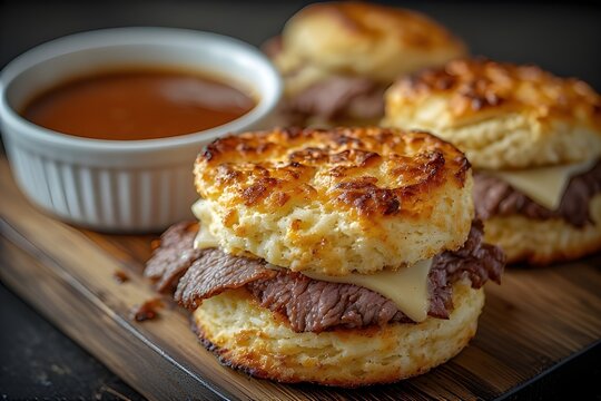 french dip biscuits on a wooden boad