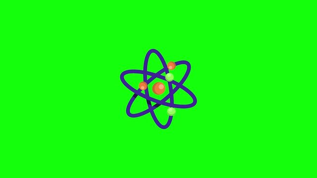 Looping 2D animation of a colorful atom model, blue elliptical orbits with green and orange electrons spinning around an orange nucleus, centered on bright green chroma key background.