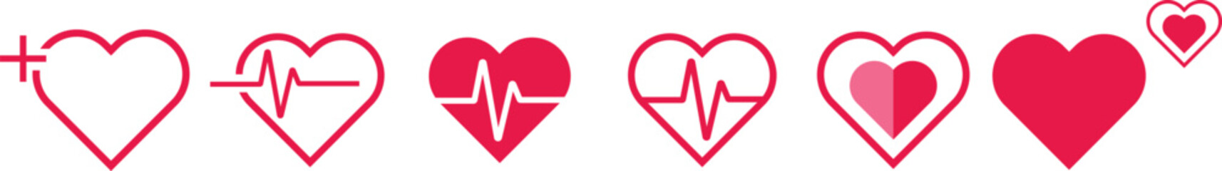 A series of red heart symbols with medical themes on a white background