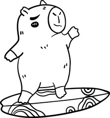 Cute Capybara Surfing on Blue Board  Outline Cartoon Hand Drawn Illustration