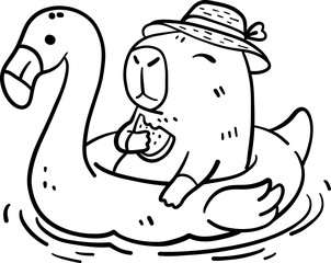Obraz premium Cute Capybara on Pink Flamingo Inflatable Outline Cartoon Hand Drawn Illustration