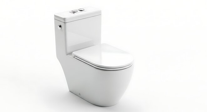White ceramic toilet bowl with dual flush button isolated on white background represents modern bathroom plumbing fixtures and hygienic sanitary ware for households