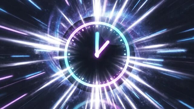 A glowing neon clock face rotates rapidly through a futuristic tunnel of light.