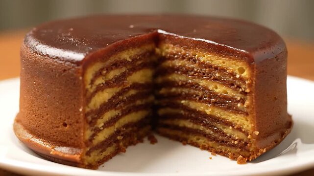 Delicious multi-layered chocolate cake with vanilla and cocoa stripes on a white plate