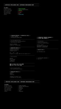 Vertical video futuristic terminal style UI overlay displaying fictional artificial intelligence system logs, diagnostics, and boot sequence. Sci-fi HUD interface video overlay template
