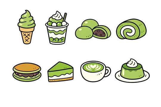 抹茶スイーツのイラストセット｜アイスクリーム・パフェ・まんじゅう・ロールケーキ・どら焼き・ケーキ・抹茶ラテ・プリンなど和風デザート