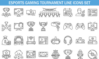 Esports gaming tournament line icons set, video game competition equipment streaming technology vector illustration collection isolated on background © Creative Mind