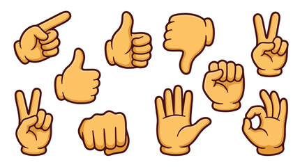 Set of various cartoon hand gestures and signs on white background