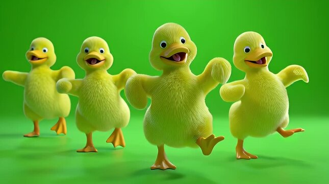 Four Yellow Ducklings Dancing on Green Background.