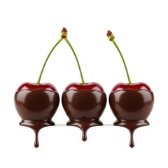 Three dark chocolate covered cherries with dripping chocolate on a white background.