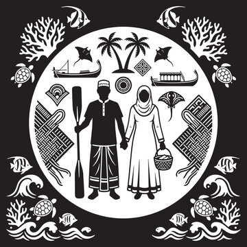 Traditional Maldivian couple holding hands surrounded by cultural symbols and marine life.