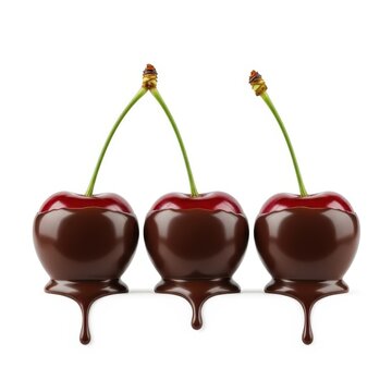 Three dark chocolate covered cherries with dripping chocolate on a white background.
