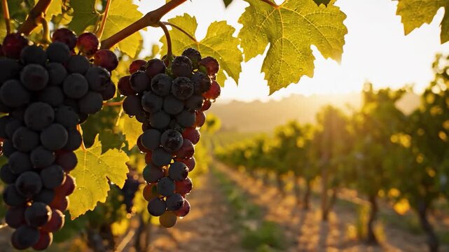 Ripe dark grapes hanging on a vine in a sunlit vineyard at sunset