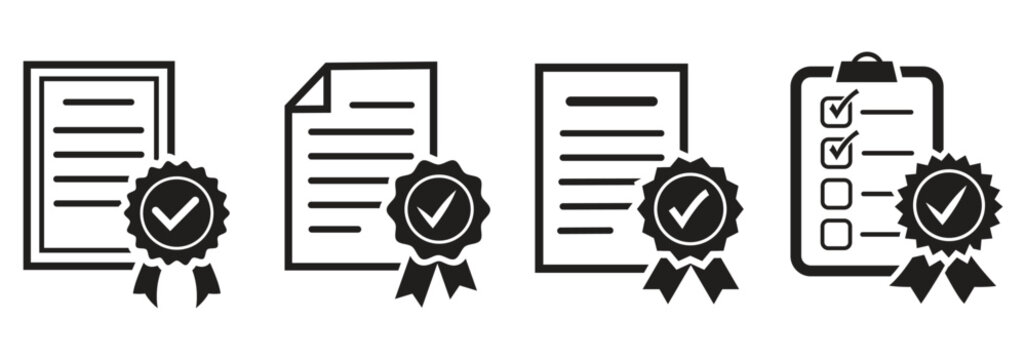 Certified Document Icons. Certificate File with Badge. Approved Certificate File Icons, Document with Ribbon Badge. verification verified document seal certificate authentication badge. Quality Stamp 